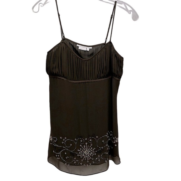 Vtg To The Max Brown 100% Silk Cami Top Sequins Pleated Details 8 Floral - Picture 1 of 14